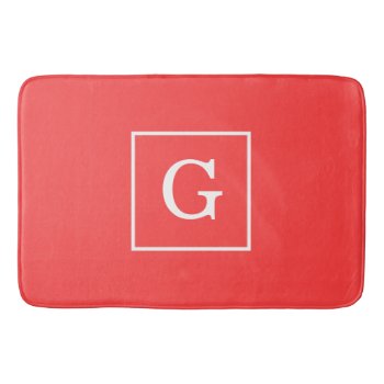 Coral Red White Framed Initial Monogram Bath Mat by FantabulousPatterns at Zazzle