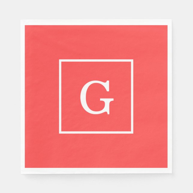 Coral Red White Framed Initial Monogram Paper Napkins (Front)