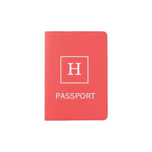 Coral Red White Framed Initial Monogram Passport Holder (Front)