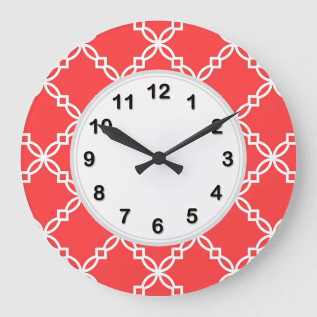 Coral Red White Large Fancy Quatrefoil Pattern Clock (Front)