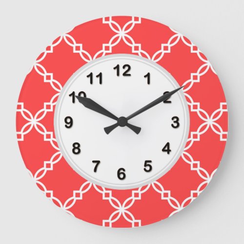 Coral Red White Large Fancy Quatrefoil Pattern Large Clock