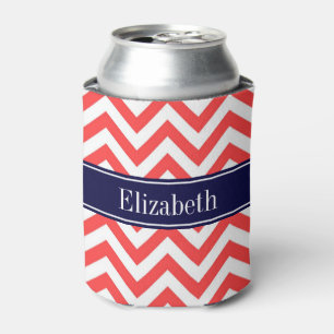 Coral Red White LG Chevron Navy Blue Name Monogram Can Cooler