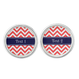 Coral Red White LG Chevron Navy Blue Name Monogram Cufflinks