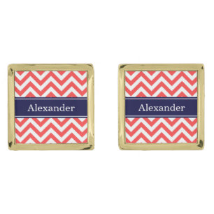 Coral Red White LG Chevron Navy Blue Name Monogram Cufflinks