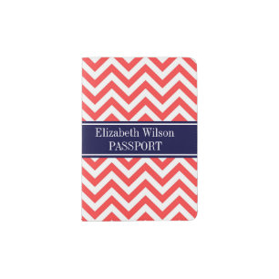 Coral Red White LG Chevron Navy Blue Name Monogram Passport Holder
