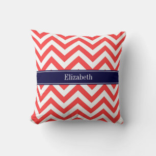 Coral Red White LG Chevron Navy Blue Name Monogram Throw Pillow