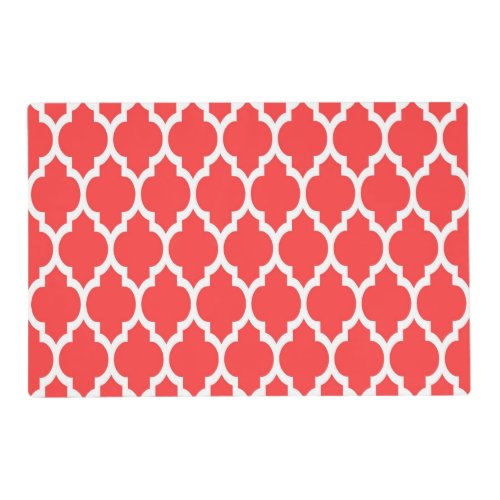 Coral Red White Moroccan Quatrefoil Pattern 4 Placemat