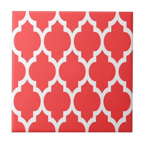 Coral Red White Moroccan Quatrefoil Pattern 4 Tile