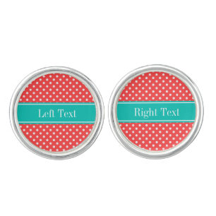 Coral Red, White Polka Dots Teal Name Monogram Cufflinks