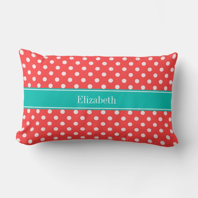 Coral Red, White Polka Dots Teal Name Monogram Lumbar Pillow (Front)