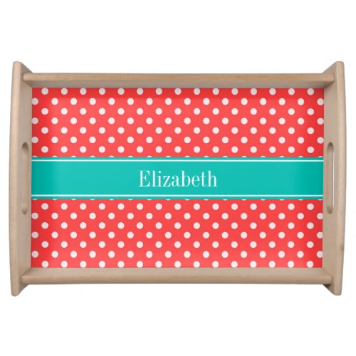 Coral Red White Polka Dots Teal Name Monogram Serving Tray