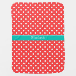 Coral Red, White Polka Dots Teal Name Monogram Stroller Blanket
