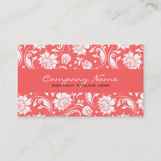 Coral Red & White Vintage Floral Damasks Business Card
