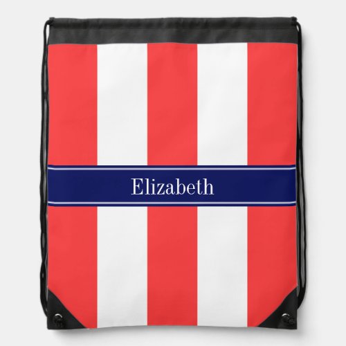 Coral Red White XL Stripes Navy 5c Name Monogram Drawstring Bag