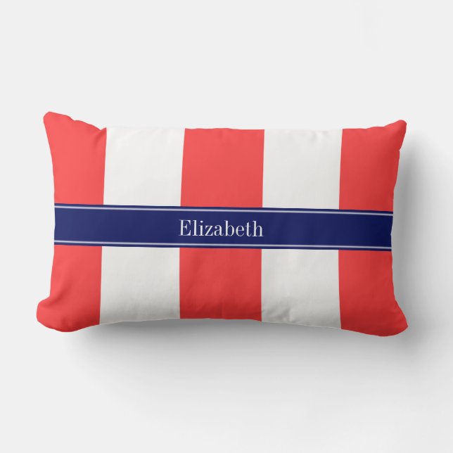 Coral Red, White XL Stripes, Navy 5c Name Monogram Lumbar Pillow (Front)