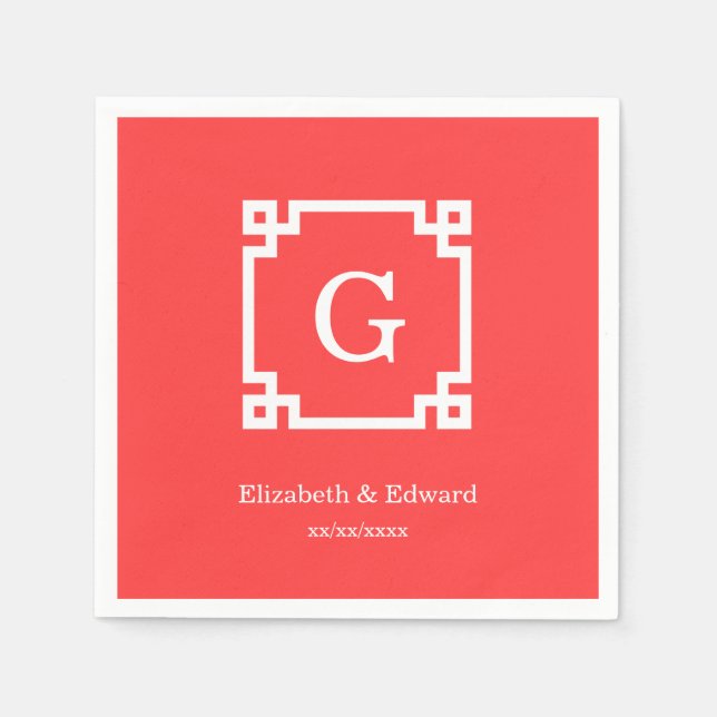 Coral Red Wht Greek Key Frame #2 Initial Monogram Napkins (Front)