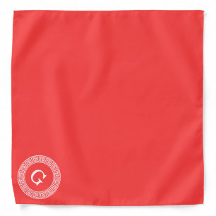 Coral Red Wht Greek Key Rnd Frame Initial Monogram Bandana