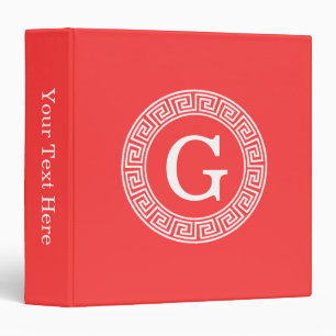 Coral Red Wht Greek Key Rnd Frame Initial Monogram Binder
