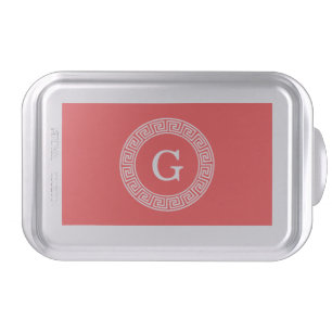 Coral Red Wht Greek Key Rnd Frame Initial Monogram Cake Pan