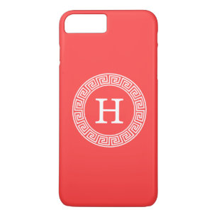 Coral Red Wht Greek Key Rnd Frame Initial Monogram iPhone 8 Plus/7 Plus Case
