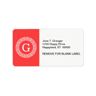 Coral Red Wht Greek Key Rnd Frame Initial Monogram Label