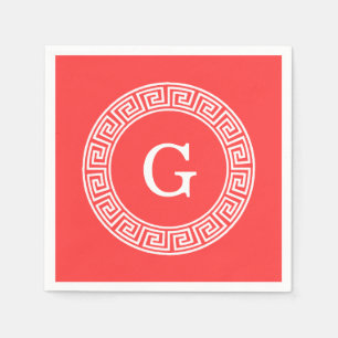Coral Red Wht Greek Key Rnd Frame Initial Monogram Napkins