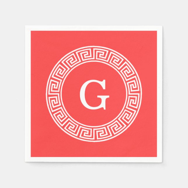 Coral Red Wht Greek Key Rnd Frame Initial Monogram Napkins (Front)