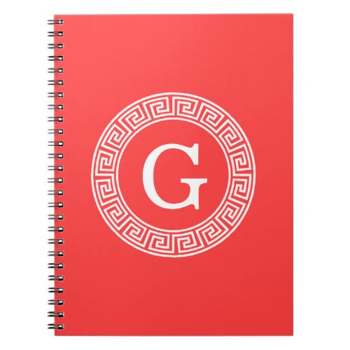 Coral Red Wht Greek Key Rnd Frame Initial Monogram Notebook