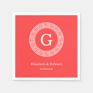 Coral Red Wht Greek Key Rnd Frame Initial Monogram Paper Napkins