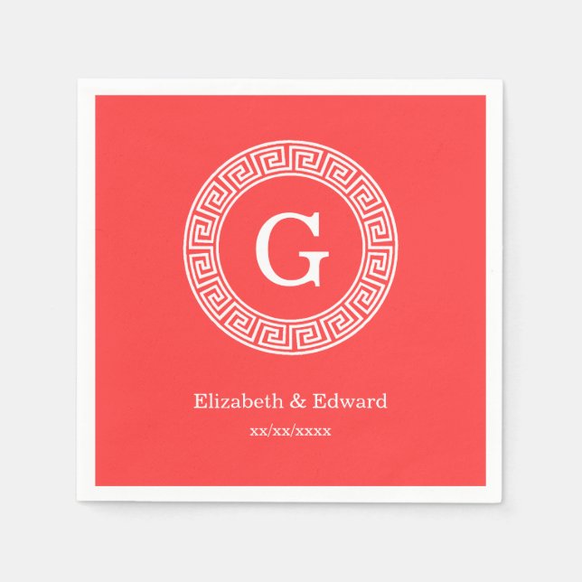 Coral Red Wht Greek Key Rnd Frame Initial Monogram Paper Napkins (Front)