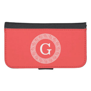 Coral Red Wht Greek Key Rnd Frame Initial Monogram Galaxy S4 Wallet Case
