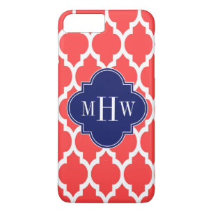 Coral Red Wht Moroccan #4 Navy Name Monogram iPhone 8 Plus/7 Plus Case
