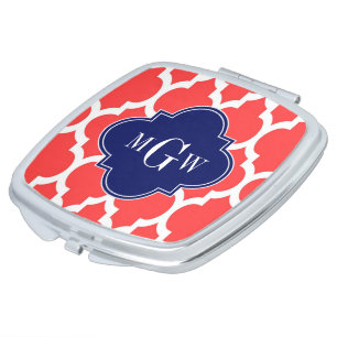 Coral Red Wht Moroccan #4 Navy Name Monogram Compact Mirror