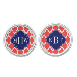 Coral Red Wht Moroccan #4 Navy Name Monogram Cufflinks