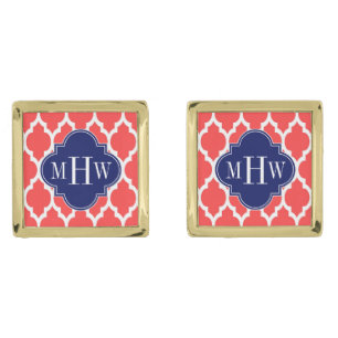 Coral Red Wht Moroccan #4 Navy Name Monogram Gold Cufflinks