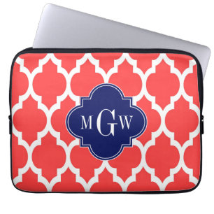 Coral Red Wht Moroccan #4 Navy Name Monogram Laptop Sleeve