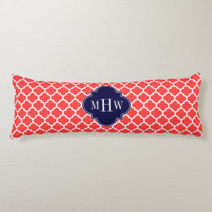 Coral Red Wht Moroccan #5 Navy 3 Initial Monogram Body Pillow