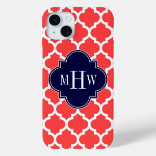 Coral Red Wht Moroccan #5 Navy 3 Initial Monogram iPhone 15 Plus Case