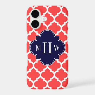Coral Red Wht Moroccan #5 Navy 3 Initial Monogram iPhone 17 Case