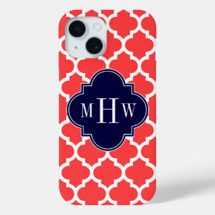Coral Red Wht Moroccan #5 Navy 3 Initial Monogram iPhone 15 Case