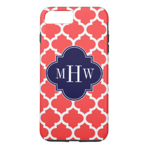 Coral Red Wht Moroccan #5 Navy 3 Initial Monogram iPhone 8 Plus/7 Plus Case
