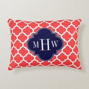 Coral Red Wht Moroccan #5 Navy 3 Initial Monogram Decorative Pillow