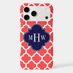 Coral Red Wht Moroccan #5 Navy 3 Initial Monogram iPhone 17 Pro Max Case