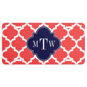 Coral Red Wht Moroccan #5 Navy 3 Initial Monogram License Plate