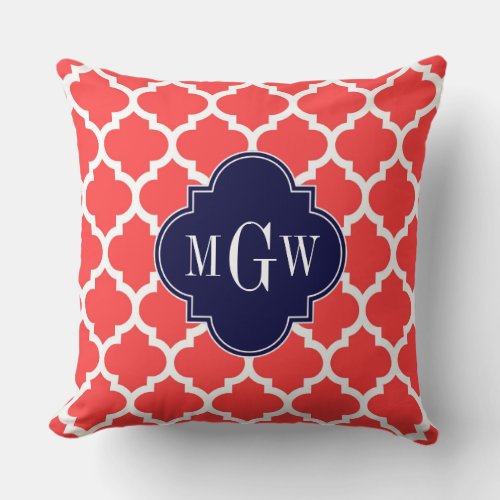 Coral Red Wht Moroccan 5 Navy 3 Initial Monogram Throw Pillow