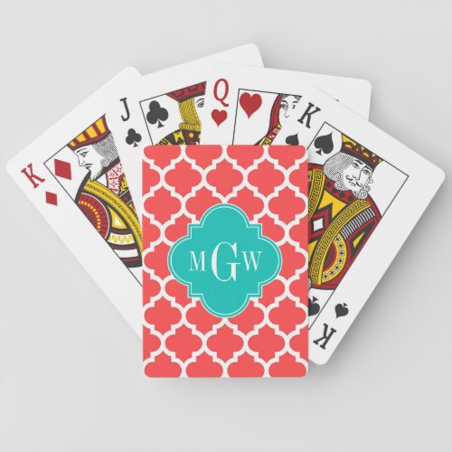 Coral Red Wht Moroccan 5 Teal 3 Initial Monogram Poker Cards