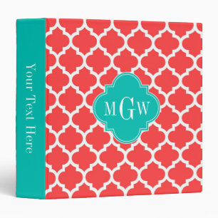Coral Red Wht Moroccan #5 Teal 3 Initial Monogram Ring Binder