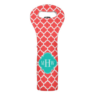 Coral Red Wht Moroccan #5 Teal 3 Initial Monogram Wine Bag