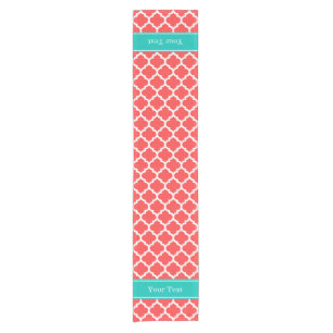 Coral Red Wht Moroccan #5 Teal Name Monogram Short Table Runner