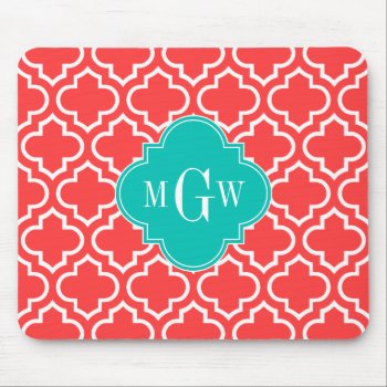 Coral Red Wht Moroccan #6 Teal Name Monogram Mouse Pad by FantabulousCases at Zazzle